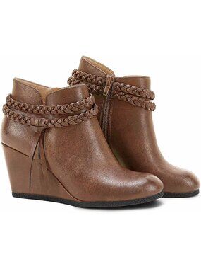 Women's Light Brown Wedge Ankle Boots Braided Fringe Strap Western Heel Booties